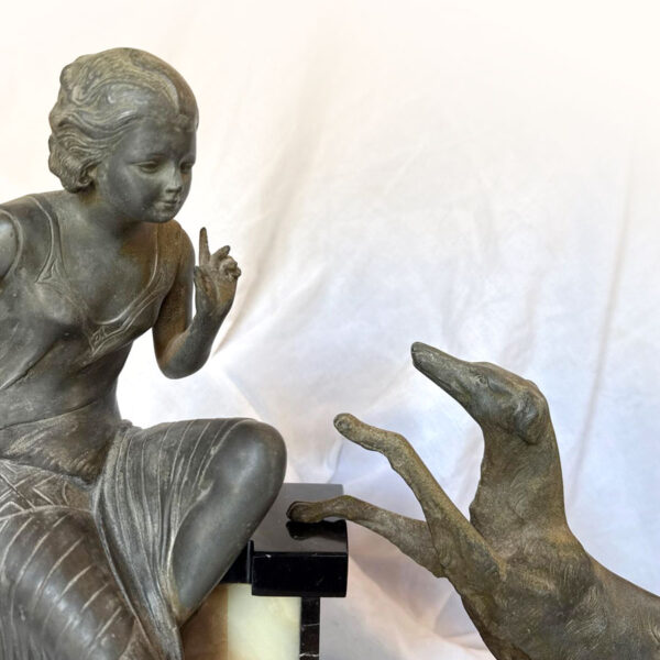 Art-Deco-Centrepiece-La-Reprimande-Lady-With-Greyhound-On-Onyx-and-Marble-Base-C1930-4 Art Deco Centrepiece La Reprimande Lady With Greyhound On Onyx and Marble Base C1930