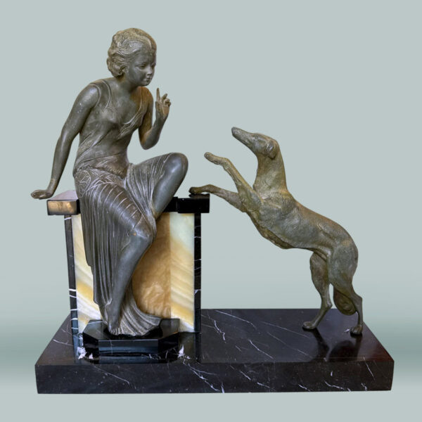 Art-Deco-Centrepiece-La-Reprimande-Lady-With-Greyhound-On-Onyx-and-Marble-Base-C1930-5 Art Deco Centrepiece La Reprimande Lady With Greyhound On Onyx and Marble Base C1930