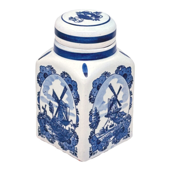 Delfts-Blauw-Windmill-River-Scene-Tea-Caddy Delfts Blauw Windmill River Scene Tea Caddy