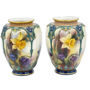 James Hadley For Royal Worcester Pair Vases Hand Painted Daffodil And Flowers