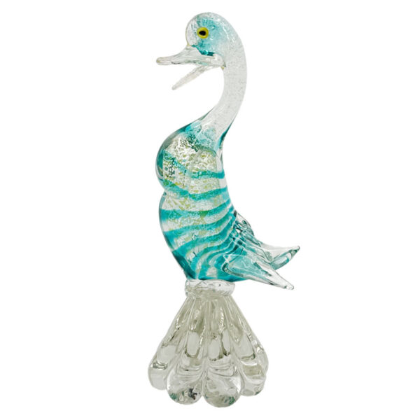 Murano-Turquoise-and-Silvered-Cased-Glass-Duck-On-Pedestal-Base-20th Murano Turquoise and Silvered Cased Glass Duck On Pedestal Base 20th