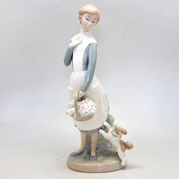 Nao Lladro Girl With Basket Of Flowers And A Puppy