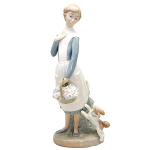 Nao Lladro Girl With Basket Of Flowers And A Puppy