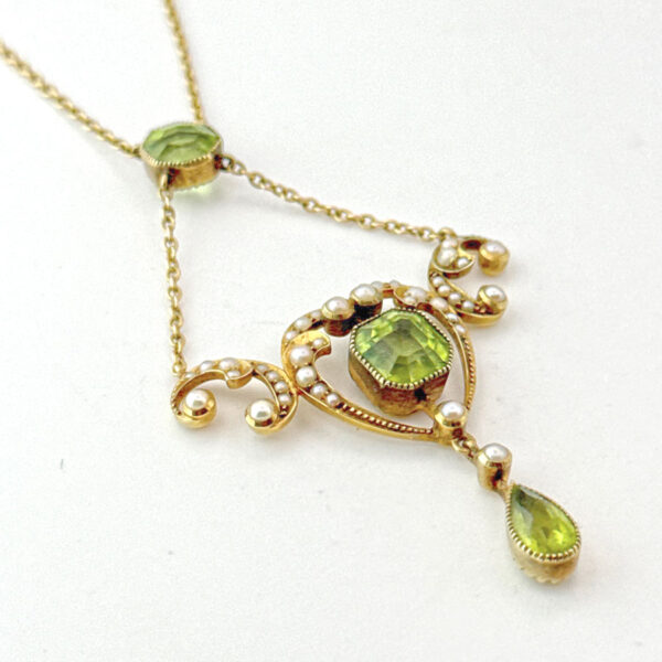 18ct-Art-Nouveau-Gold-Victorian-Seed-Pearl-and-Peridot-Necklace-1 18ct Art Nouveau Gold Victorian Seed Pearl and Peridot Necklace