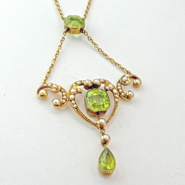 18ct-Art-Nouveau-Gold-Victorian-Seed-Pearl-and-Peridot-Necklace-2 18ct Art Nouveau Gold Victorian Seed Pearl and Peridot Necklace