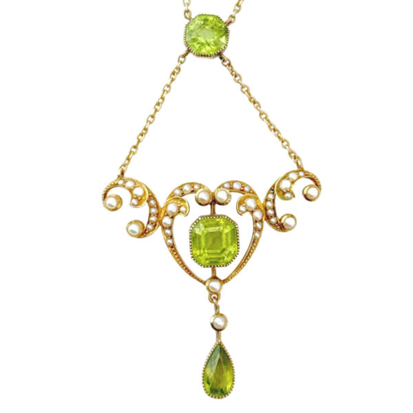 18ct-Art-Nouveau-Gold-Victorian-Seed-Pearl-and-Peridot-Necklace 18ct Art Nouveau Gold Victorian Seed Pearl and Peridot Necklace