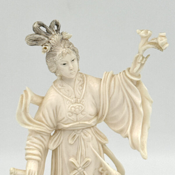 Japanese-Ivorine-Finely-Carved-Figurine-Of-Lady-With-Flowers-and-Bird-2 Japanese Ivorine Finely Carved Figurine Of Lady With Flowers and Bird