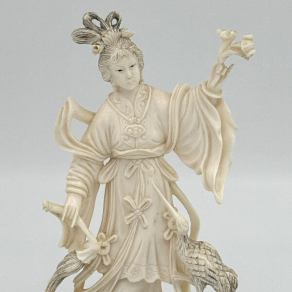 Japanese-Ivorine-Finely-Carved-Figurine-Of-Lady-With-Flowers-and-Bird-3 Japanese Ivorine Finely Carved Figurine Of Lady With Flowers and Bird