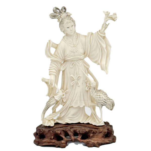 Japanese-Ivorine-Finely-Carved-Figurine-Of-Lady-With-Flowers-and-Bird Japanese Ivorine Finely Carved Figurine Of Lady With Flowers and Bird