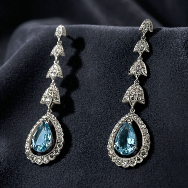 18ct White Gold Aquamarine and Diamond Pair Drop Earrings