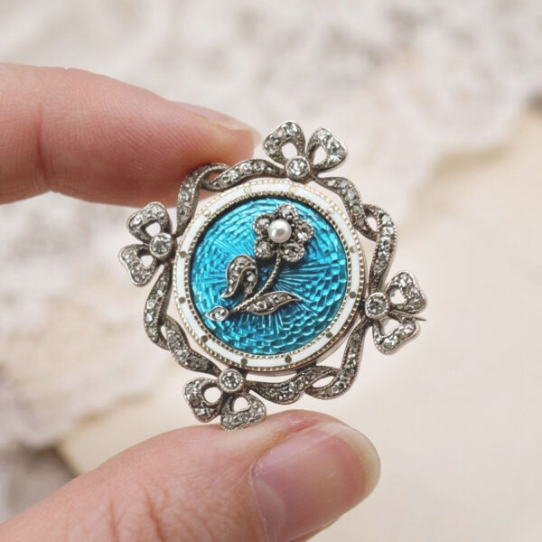 9ct-Gold-Victorian-Remembrance-Brooch-Turquoise-Guilloche-Enamel-and-Diamonds-1 9ct Gold Victorian Remembrance Brooch Turquoise Guilloche Enamel and Diamonds