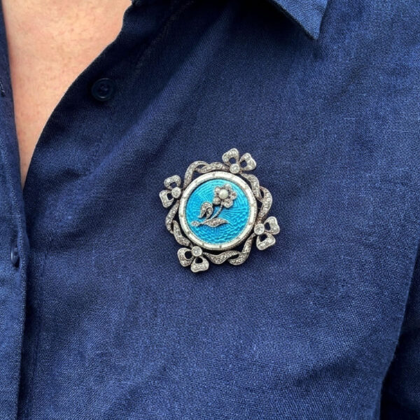 9ct-Gold-Victorian-Remembrance-Brooch-Turquoise-Guilloche-Enamel-and-Diamonds-3 9ct Gold Victorian Remembrance Brooch Turquoise Guilloche Enamel and Diamonds