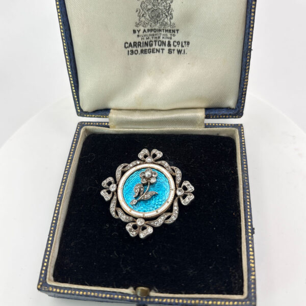 9ct-Gold-Victorian-Remembrance-Brooch-Turquoise-Guilloche-Enamel-and-Diamonds-5 9ct Gold Victorian Remembrance Brooch Turquoise Guilloche Enamel and Diamonds