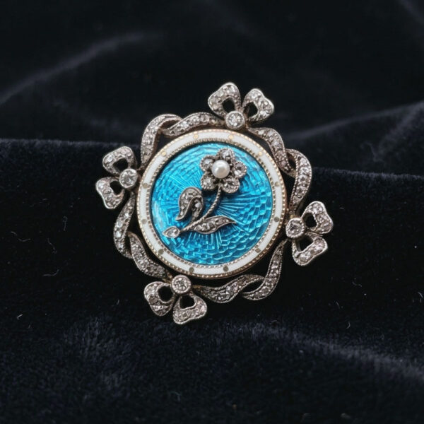9ct-Gold-Victorian-Remembrance-Brooch-Turquoise-Guilloche-Enamel-and-Diamonds-6 9ct Gold Victorian Remembrance Brooch Turquoise Guilloche Enamel and Diamonds