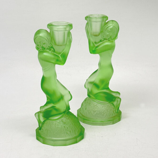Art Deco Uranium Glass Pair Candlesticks Walther Sohne C1930