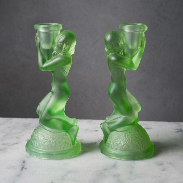 Art Deco Uranium Glass Pair Candlesticks Walther Sohne C1930