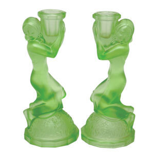 Art Deco Uranium Glass Pair Candlesticks Walther Sohne C1930