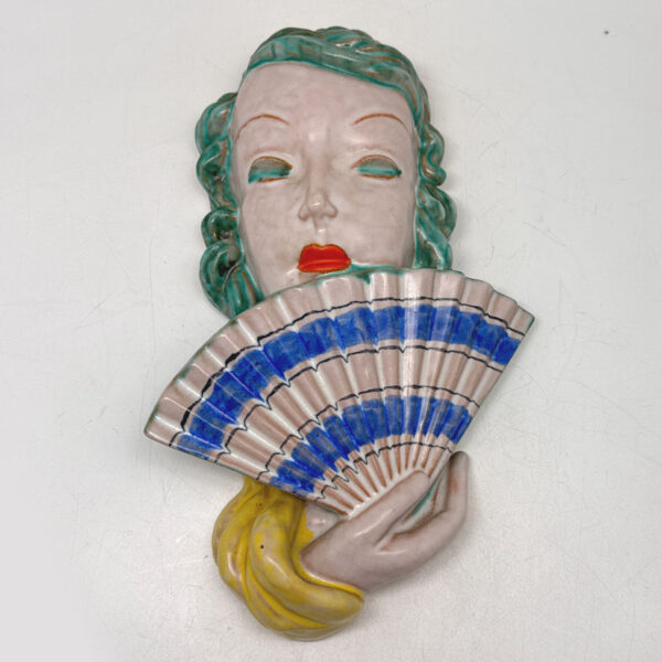Goldsheider-Art-Deco-Lady-With-Fan-Wall-Mask-C1930-1 Goldsheider Art Deco Lady With Fan Wall Mask C1930