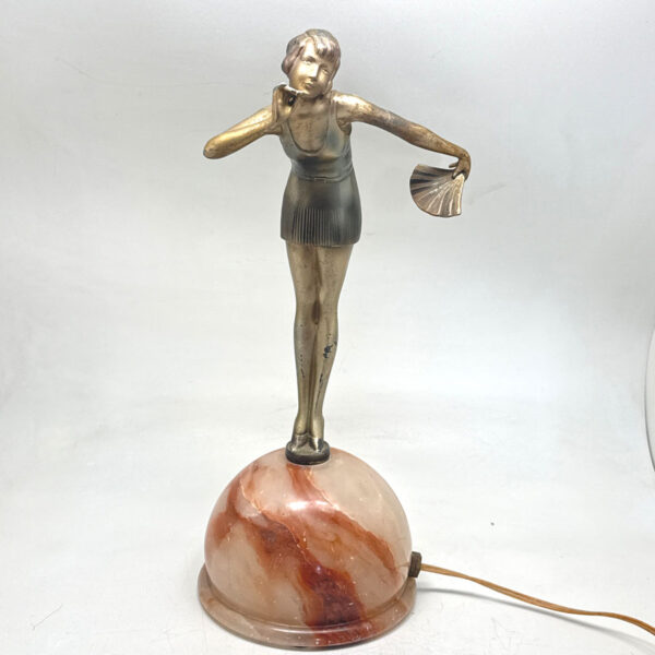 Stefan Dakon Art Deco Cold Painted Fan Dancer Lamp On Alabaster Orb C1930