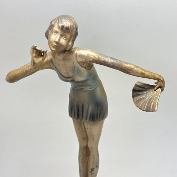 Stefan Dakon Art Deco Cold Painted Fan Dancer Lamp On Alabaster Orb C1930