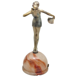 Stefan Dakon Art Deco Cold Painted Fan Dancer Lamp On Alabaster Orb C1930