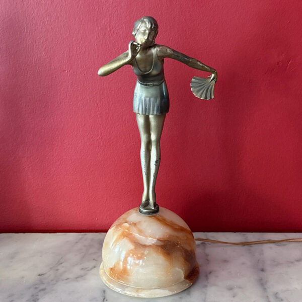 Stefan Dakon Art Deco Cold Painted Fan Dancer Lamp On Alabaster Orb C1930
