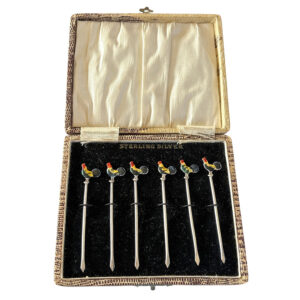 Sterling-Silver-Boxed-Enamel-Colored-Rooster-Cocktail-Olive-Sticks,-1950s Sterling Silver Boxed Enamel-Colored Rooster Cocktail/Olive Sticks, 1950s