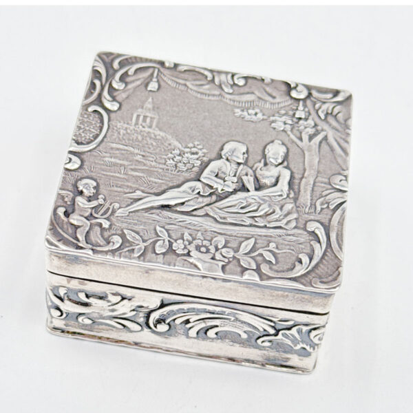 Sterling Silver Embossed Pill Box Maiden and Gentlemen Under Tree C1927