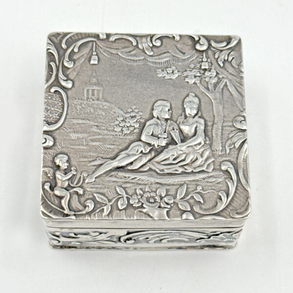 Sterling Silver Embossed Pill Box Maiden and Gentlemen Under Tree C1927