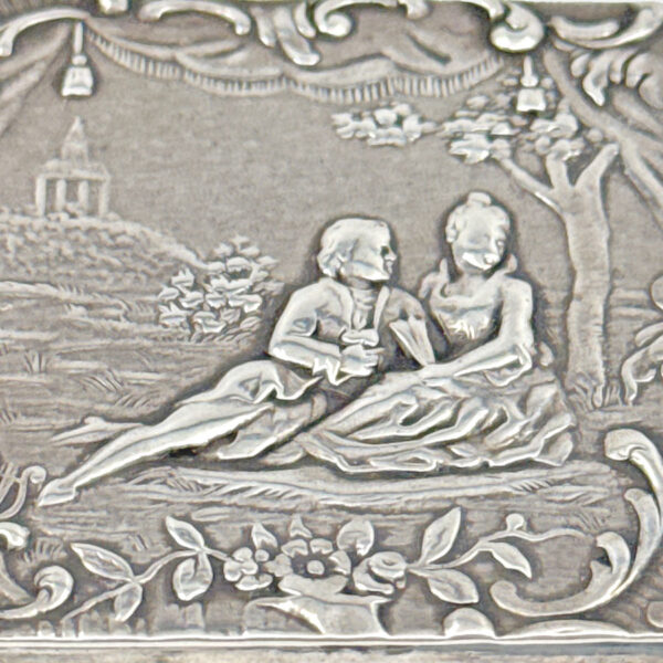 Sterling Silver Embossed Pill Box Maiden and Gentlemen Under Tree C1927