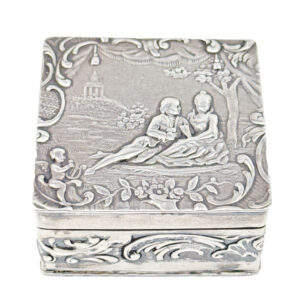 Sterling Silver Embossed Pill Box Maiden and Gentlemen Under Tree C1927