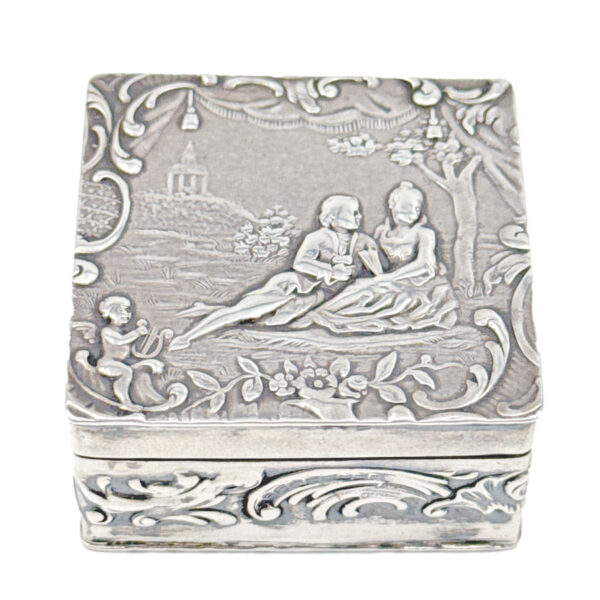 Sterling Silver Embossed Pill Box Maiden and Gentlemen Under Tree C1927