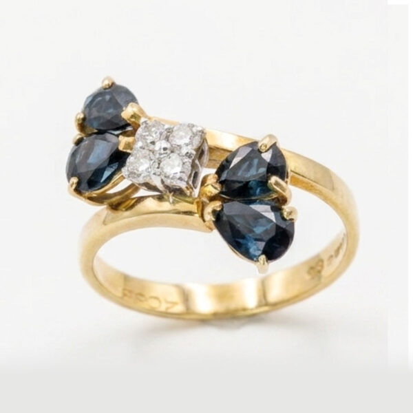 18CT-Gold-Sapphire-and-Diamond-Crossover-Ring-Birm-1978-2 18CT Gold Sapphire and Diamond Crossover Ring Birm 1978