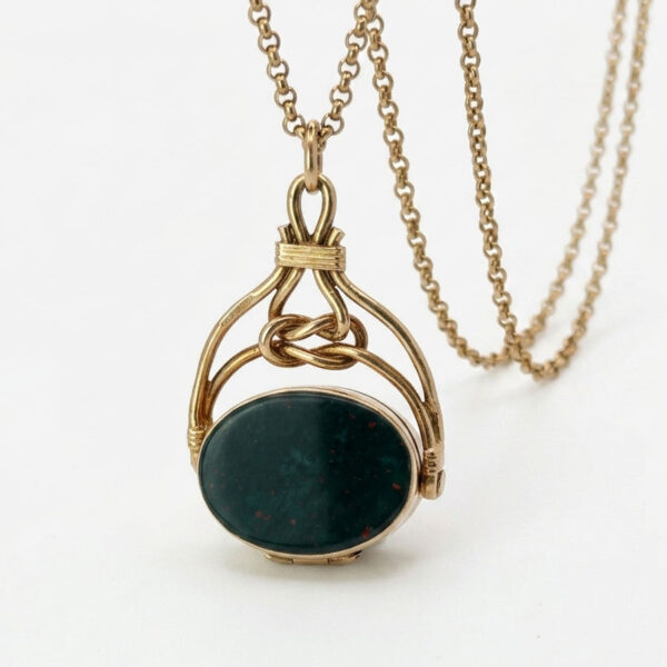 Rare 9ct Opening Bloodstone and Agate Fob Pendant On A 9ct Belcher Chain