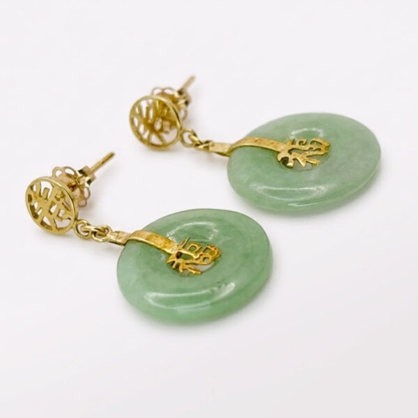 Chinese Jade 14ct Gold Cobochon Pair Earrings Happiness