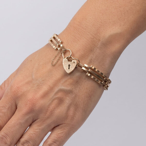 Edwardian 9ct Rose Gold Gateleg Bracelet With Heart Lock