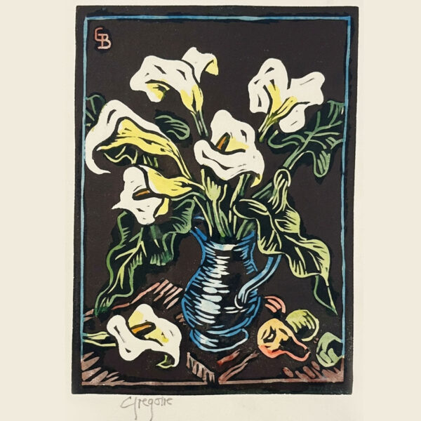 Gregoire Boonzaier Coloured Linocut Arum Lillies (SA 1909 - 2005)