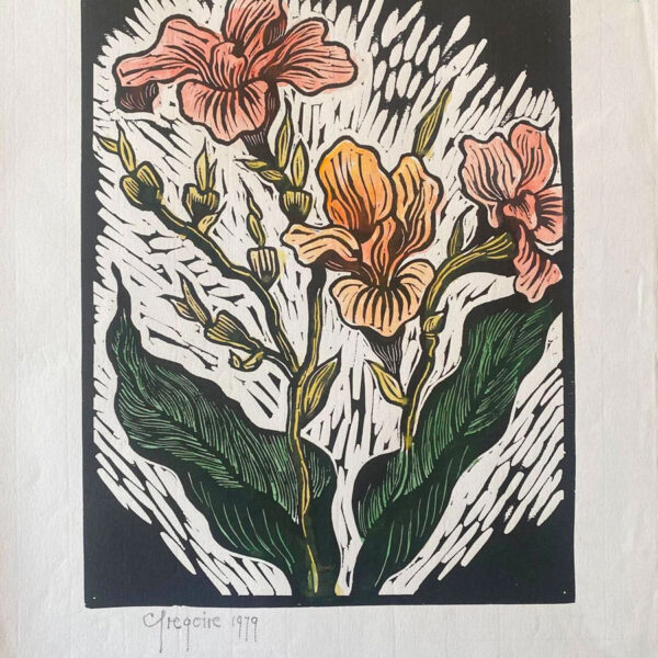 Gregoire Boonzaier Coloured Linocut Canna Lilies (SA 1909 - 2005)