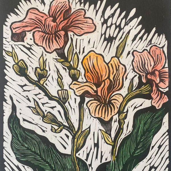 Gregoire Boonzaier Coloured Linocut Canna Lilies (SA 1909 - 2005)