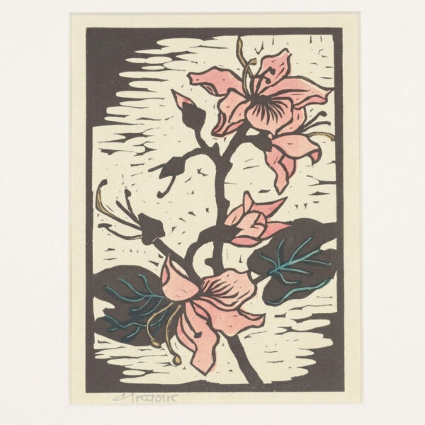 Gregoire Boonzaier Coloured Linocut Hibiscus (SA 1909 - 2005)
