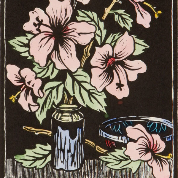 Gregoire Boonzaier Coloured Linocut Hibiscus (SA 1909 - 2005)
