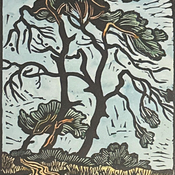 Gregoire Boonzaier Coloured Linocut Windy trees and dirt road (SA 1909 - 2005)