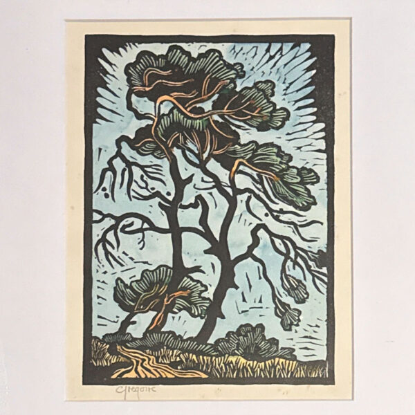 Gregoire Boonzaier Coloured Linocut Windy trees and dirt road (SA 1909 - 2005)