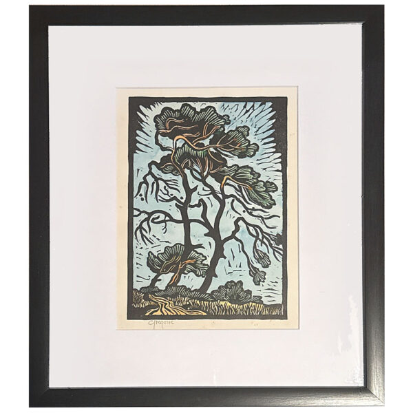 Gregoire Boonzaier Coloured Linocut Windy trees and dirt road (SA 1909 - 2005)