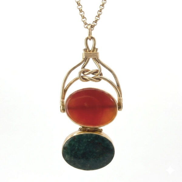 Rare 9ct Opening Bloodstone and Agate Fob Pendant On A 9ct Belcher Chain