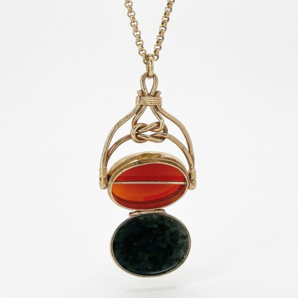 Rare 9ct Opening Bloodstone and Agate Fob Pendant On A 9ct Belcher Chain