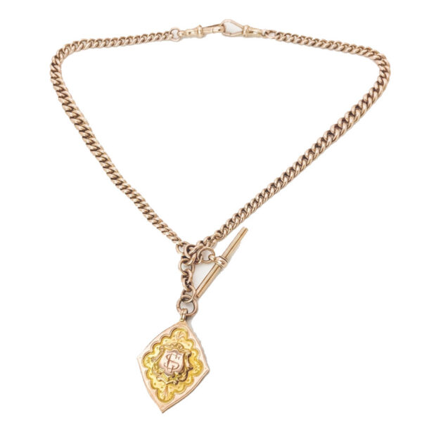 Victorian-9ct-Rose-Gold-Fob-Chain-With-TBar-And-Medallion Victorian 9ct Rose Gold Fob Chain With TBar And Medallion