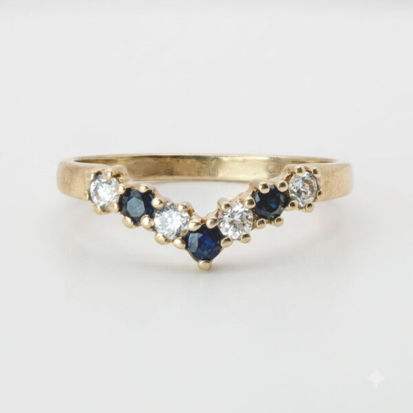 Vintage-9ct-yellow-gold-chevron-ring-with-Sapphire-&-CZ-1 Vintage 9ct Gold Chevron Ring with Sapphire & CZ