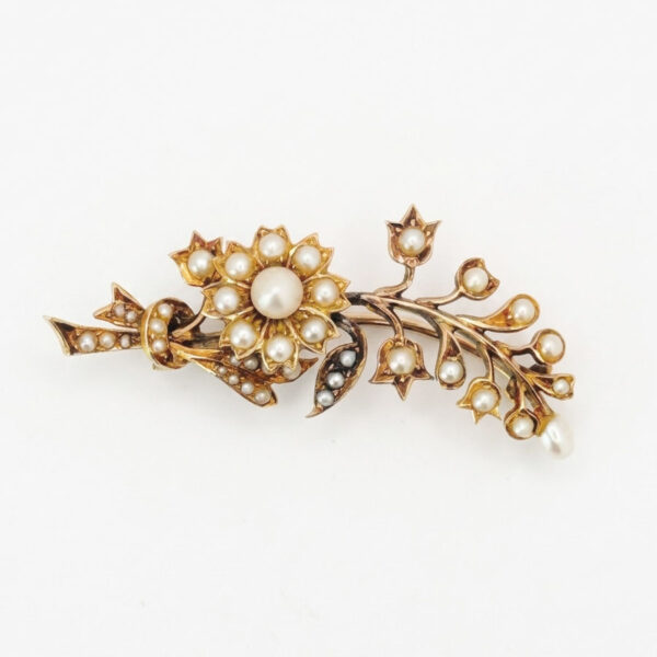 14k Gold Floral Seed Pearl Brooch