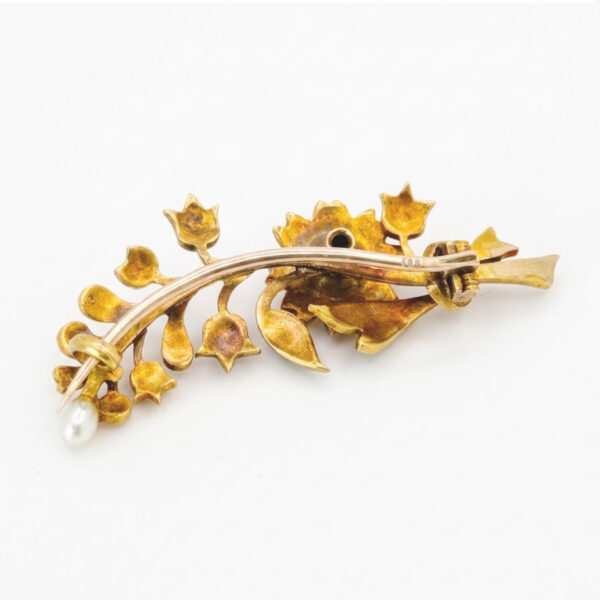 14k Gold Floral Seed Pearl Brooch